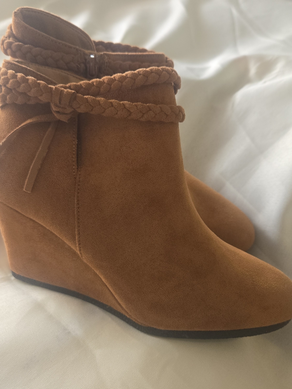 Braided Ankle Wedge Bootie in Cognac Suede